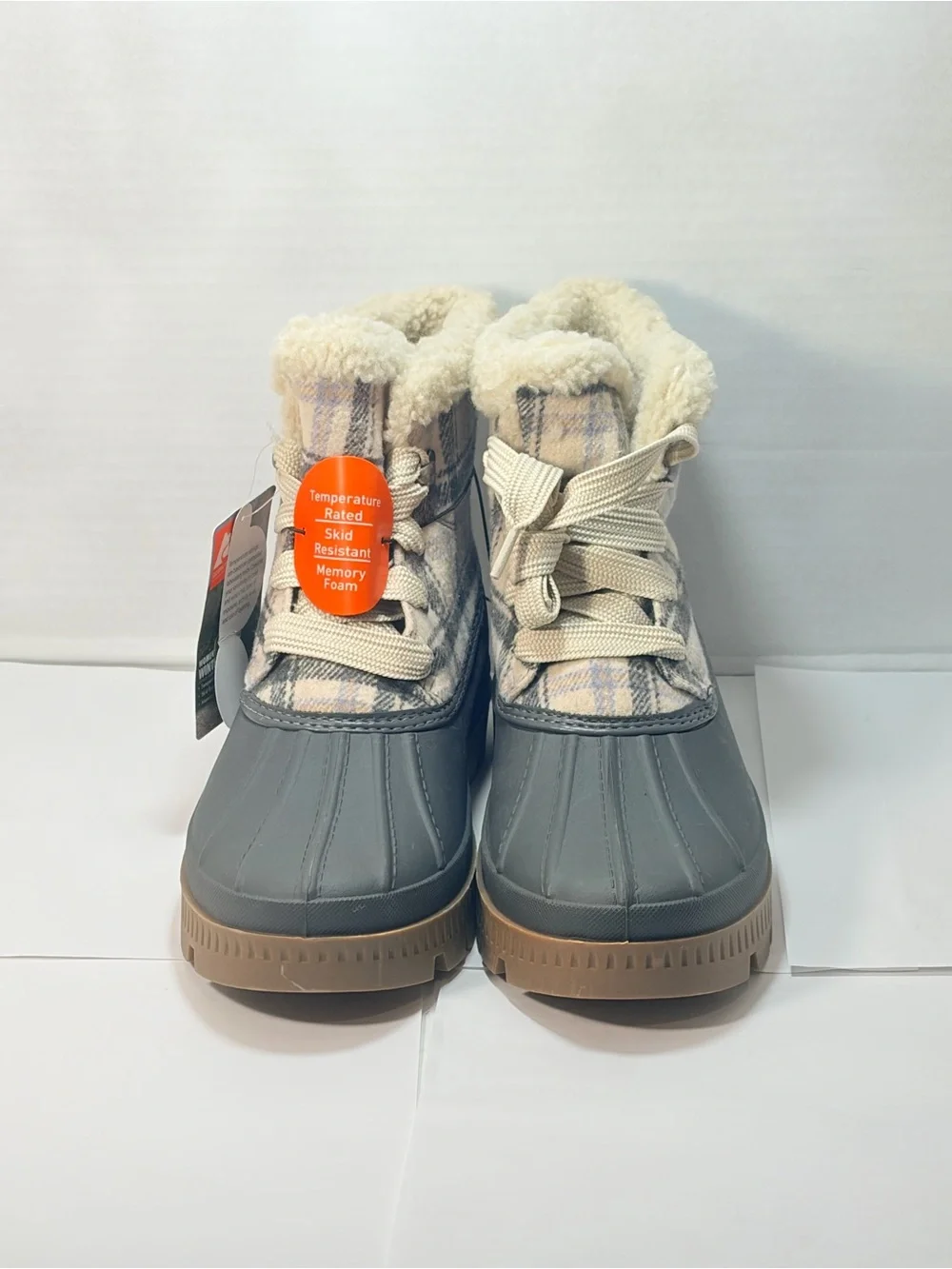Ozark Trail Women's Plaid Faux Shearling Duck Boots in Gray and Tan